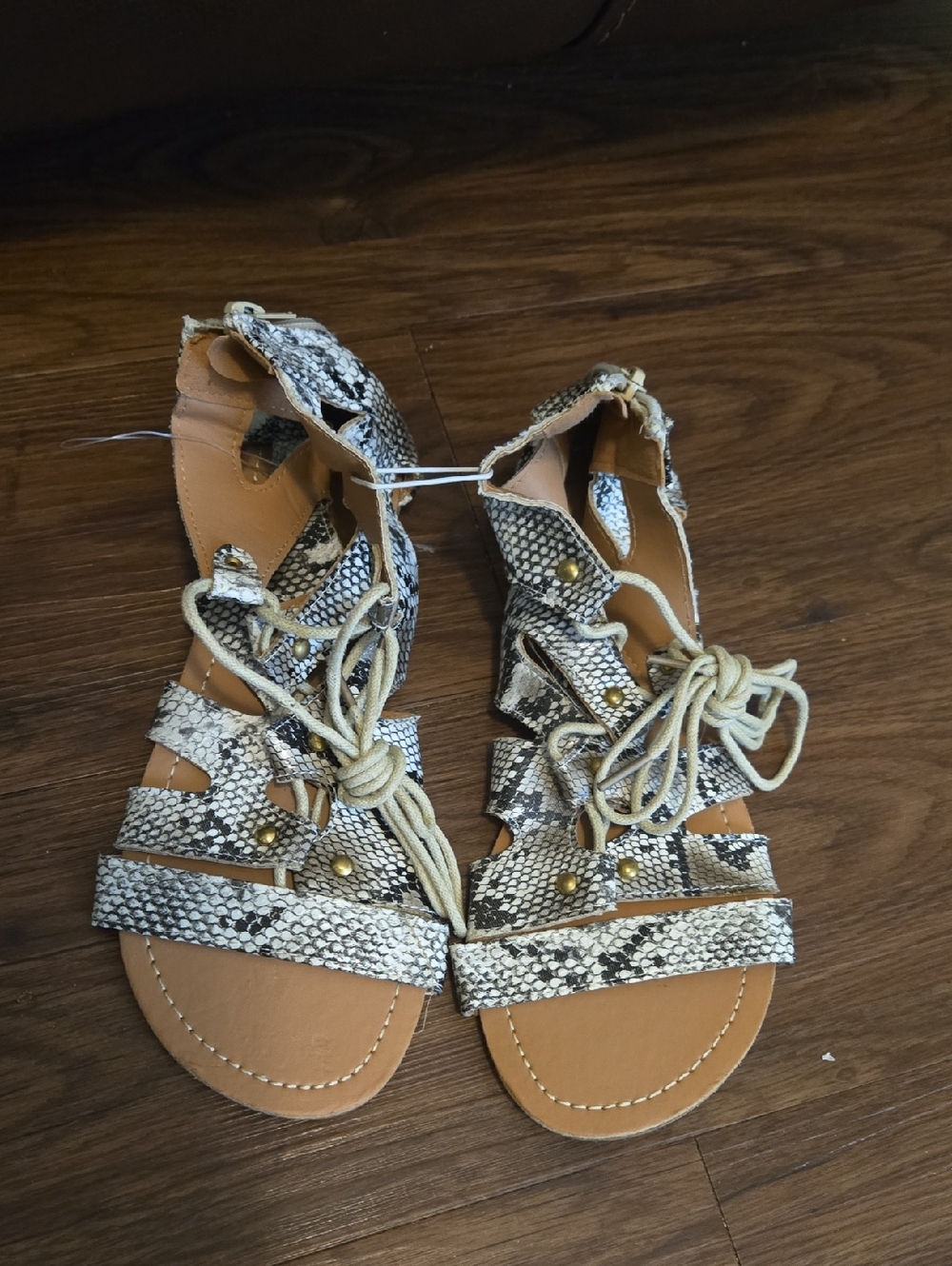 Snake-Print Lace-Up Gladiator Sandals - Tan/Black